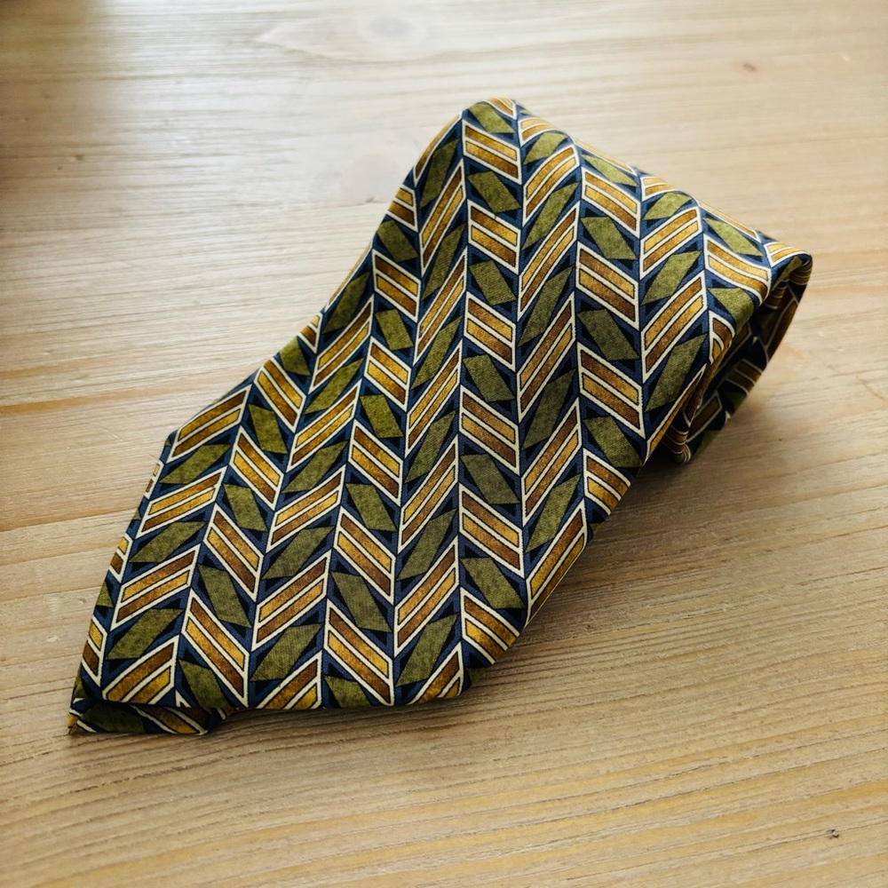 Valentino Cravate Italy Made Gold Green‎ Blue Geometric Mens Tie Silk Wide